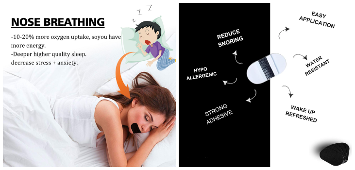 Collage of a woman sleeping and the benefits of nose breathing and the features of DreamHero Mouth Tape